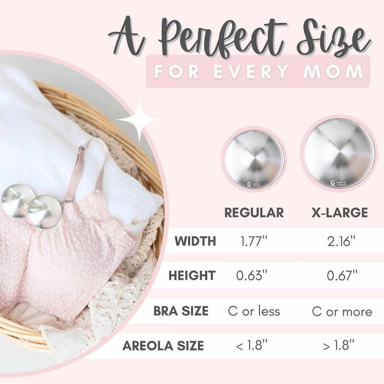 Cradle & Grace Pure 999 Silver Nursing Cups with Gray Carrying Case, Silver Nipple Shields for Breastfeeding Newborn, Silver Nipple Covers Breastfeeding Kit, X-Large