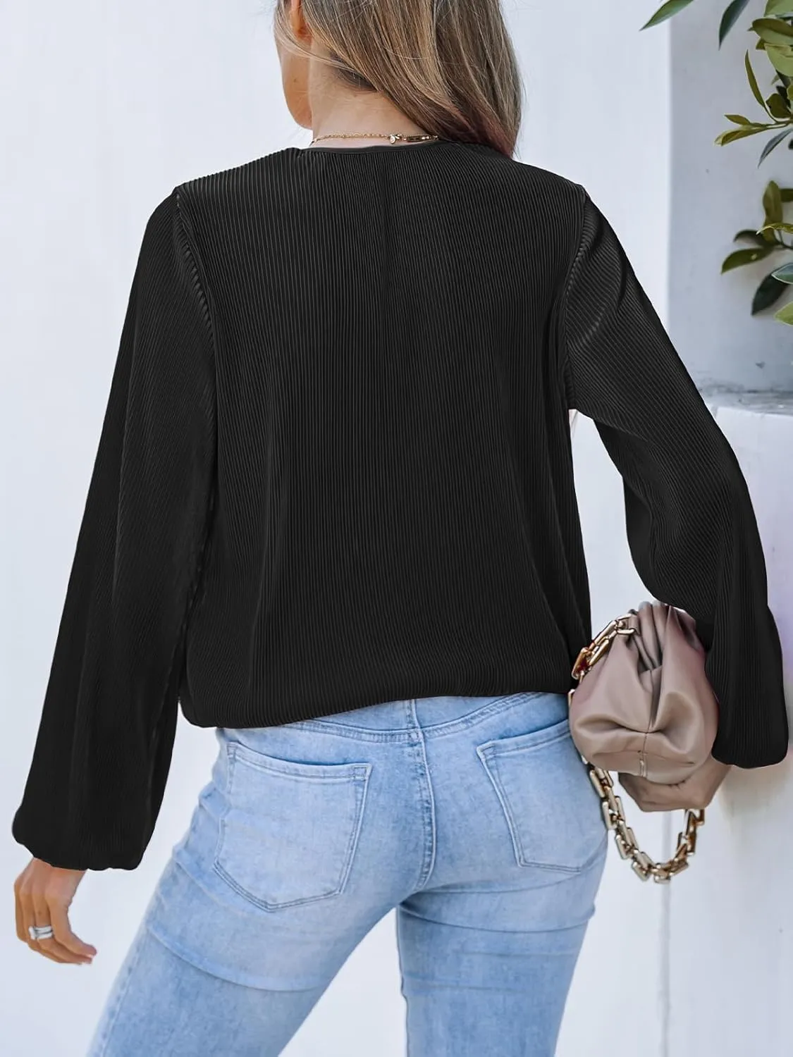 CUPSHE Women Long Lantern Sleeve Shirts Tops Dressy Casual Loose Fit V Neck Blouses