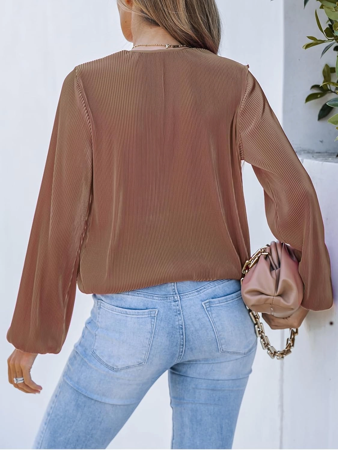 CUPSHE Women Long Lantern Sleeve Shirts Tops Dressy Casual Loose Fit V Neck Blouses