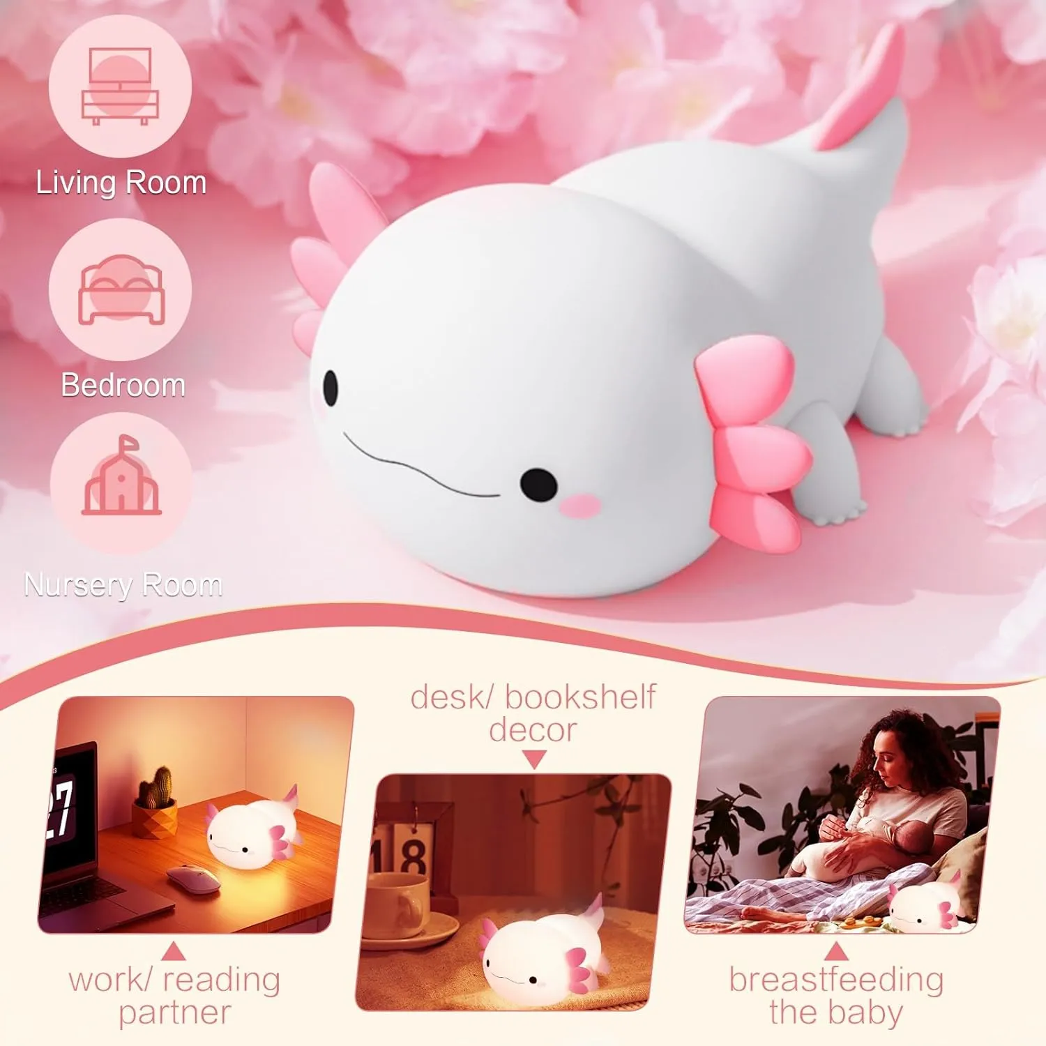 Cute Axolotl Night Light Lamp, 2025 Unique White Pink Color, Novelty Axolotl Gifts, Rechargeable Squishy Dimmable Axolotls Night Lamp, LED Silicone Nightlight, Room College Décor