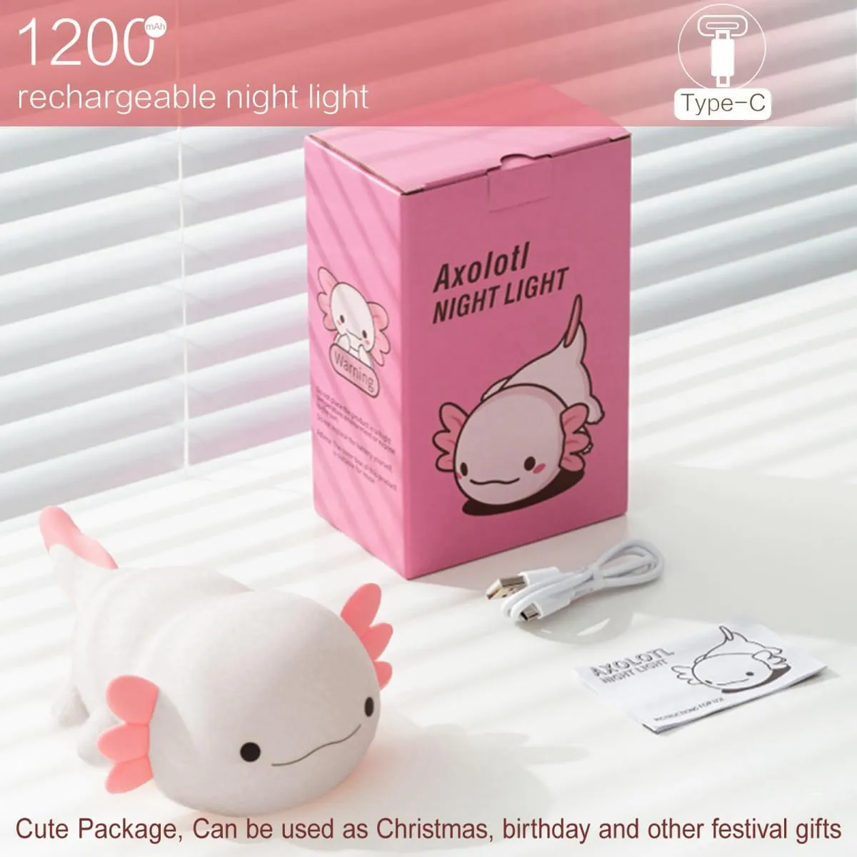 Cute Axolotl Night Light Lamp, 2025 Unique White Pink Color, Novelty Axolotl Gifts, Rechargeable Squishy Dimmable Axolotls Night Lamp, LED Silicone Nightlight, Room College Décor