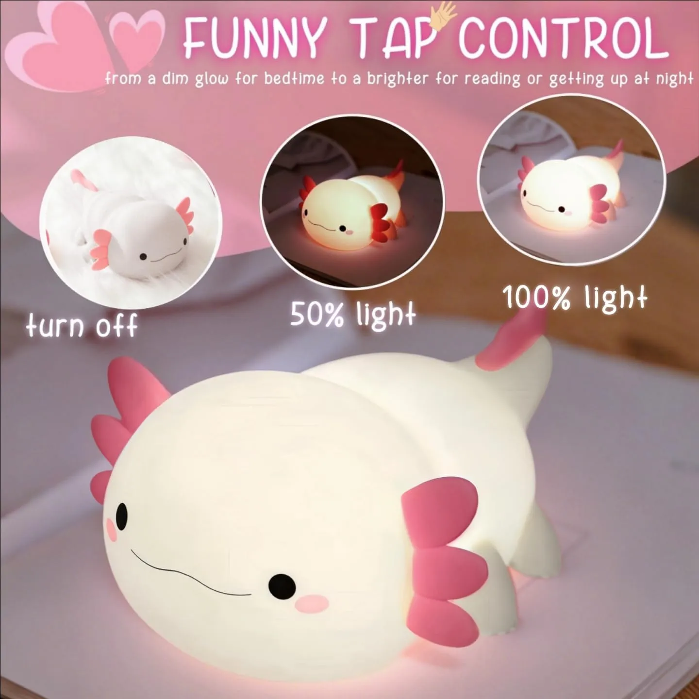 Cute Axolotl Night Light Lamp, 2025 Unique White Pink Color, Novelty Axolotl Gifts, Rechargeable Squishy Dimmable Axolotls Night Lamp, LED Silicone Nightlight, Room College Décor