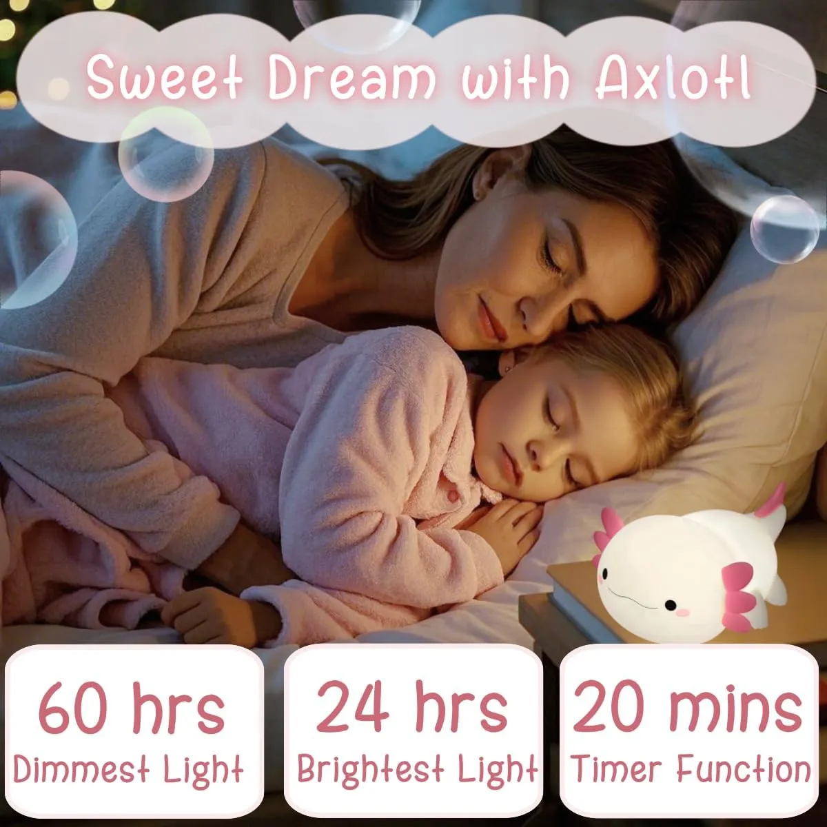 Cute Axolotl Night Light Lamp, 2025 Unique White Pink Color, Novelty Axolotl Gifts, Rechargeable Squishy Dimmable Axolotls Night Lamp, LED Silicone Nightlight, Room College Décor