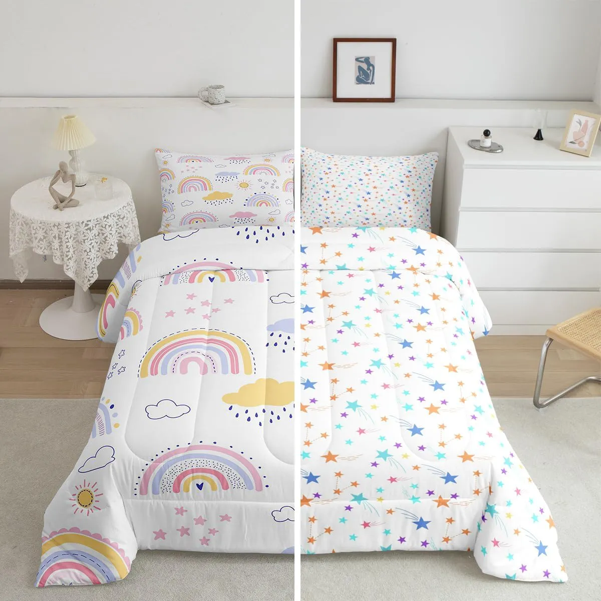 Cute Rainbow Comforter Set Kawaii Cloud Rainbow Bedding Set Twin For Girls Kids Teen,Boho Cartoon Stars Sun Comforter Pink Blue Yellow Pastel Bed Quilt Sets Bohemian Doodle Room Decor 1 Pillow Case