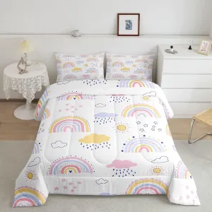 Cute Rainbow Comforter Set Kawaii Cloud Rainbow Bedding Set Twin For Girls Kids Teen,Boho Cartoon Stars Sun Comforter Pink Blue Yellow Pastel Bed Quilt Sets Bohemian Doodle Room Decor 1 Pillow Case