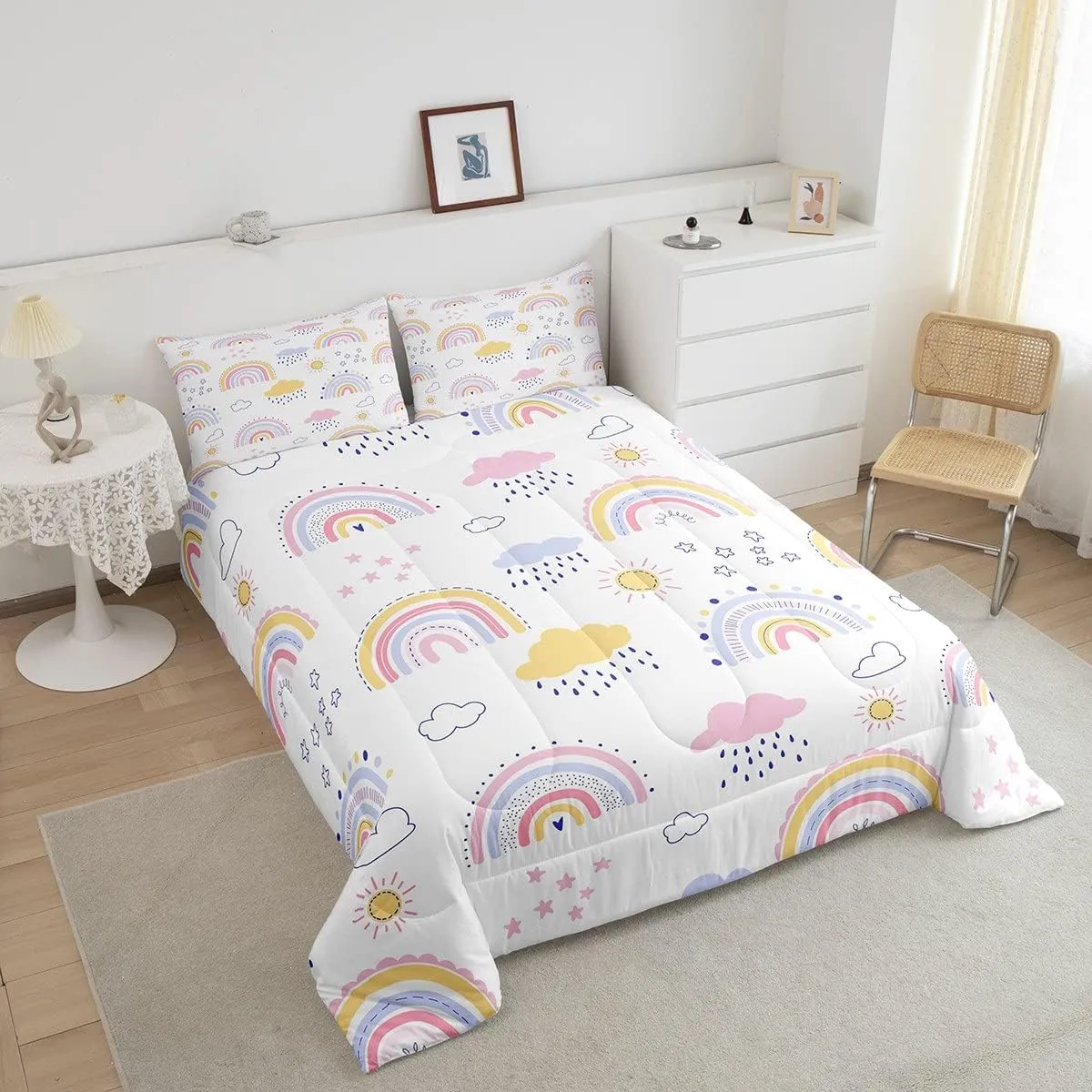 Cute Rainbow Comforter Set Kawaii Cloud Rainbow Bedding Set Twin For Girls Kids Teen,Boho Cartoon Stars Sun Comforter Pink Blue Yellow Pastel Bed Quilt Sets Bohemian Doodle Room Decor 1 Pillow Case