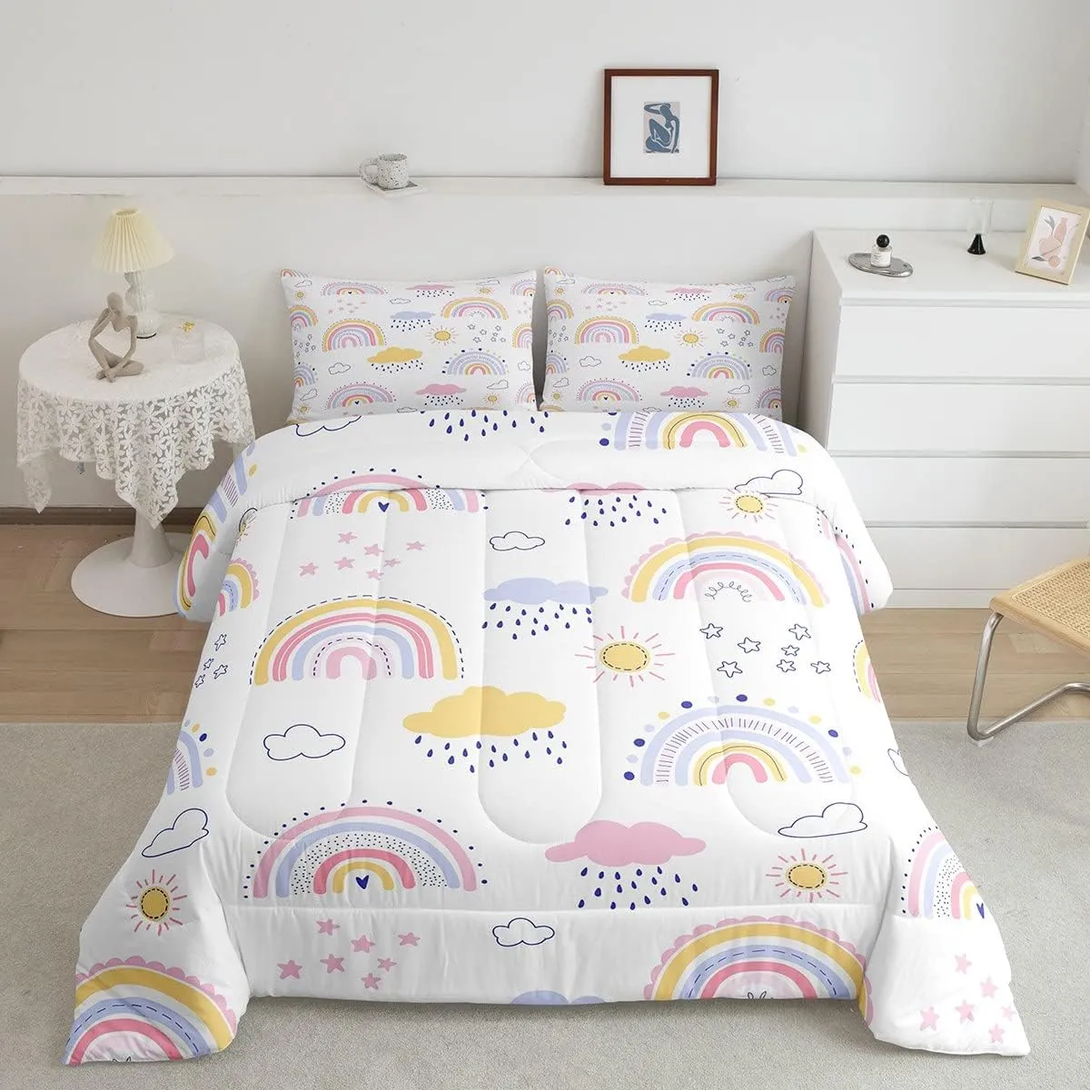 Cute Rainbow Comforter Set Kawaii Cloud Rainbow Bedding Set Twin For Girls Kids Teen,Boho Cartoon Stars Sun Comforter Pink Blue Yellow Pastel Bed Quilt Sets Bohemian Doodle Room Decor 1 Pillow Case