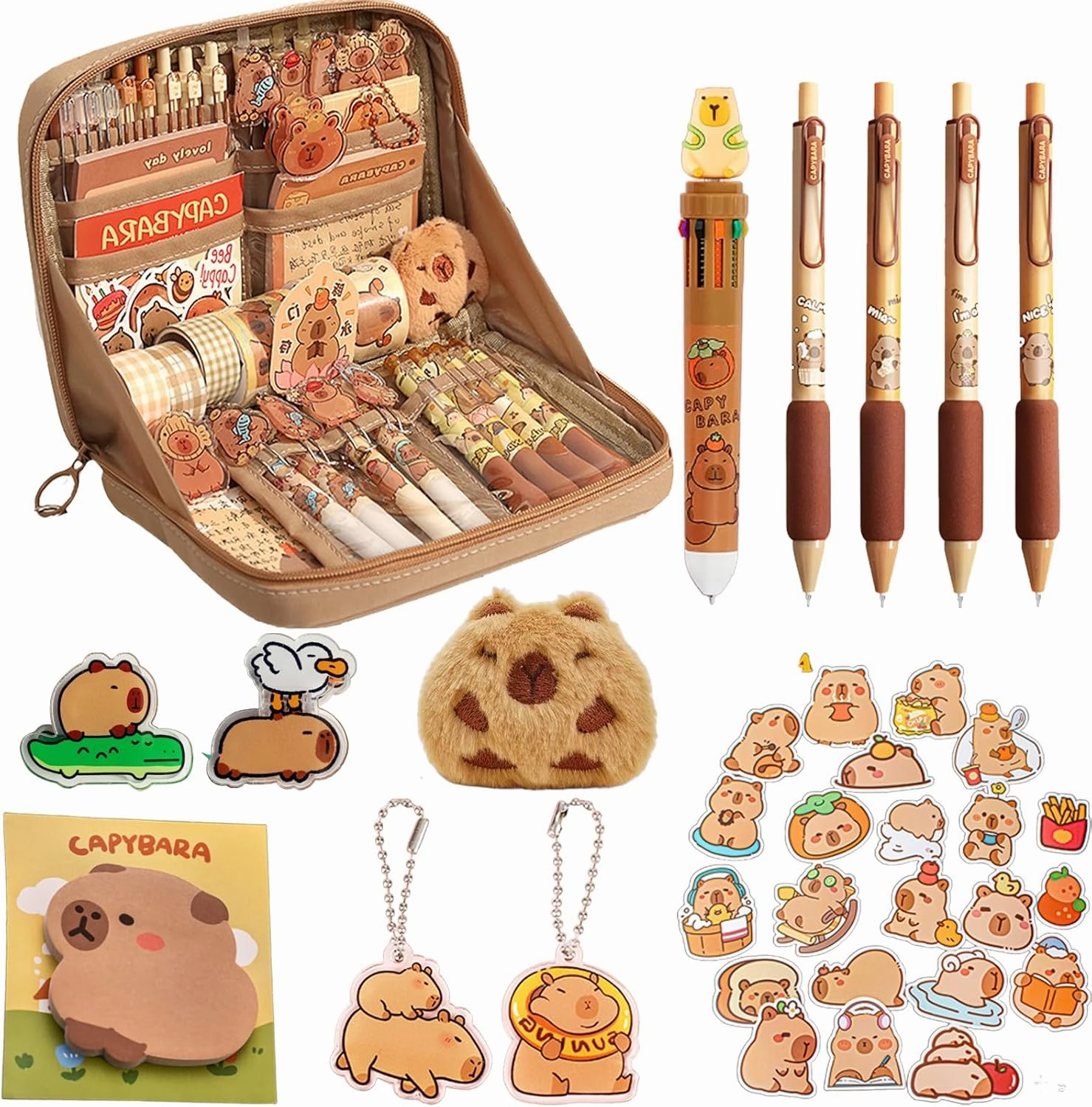 Cute Capybara Pencil Case With 10 Compartments - Gift Set Includes Holder, Ball-Point Pen, Keychain, Stickers, Brooch, and Clips
