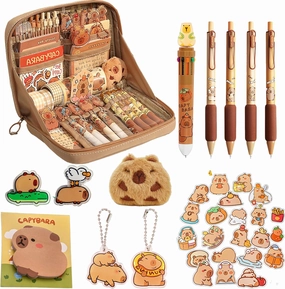Cute Capybara Pencil Case With 10 Compartments - Gift Set Includes Holder, Ball-Point Pen, Keychain, Stickers, Brooch, and Clips