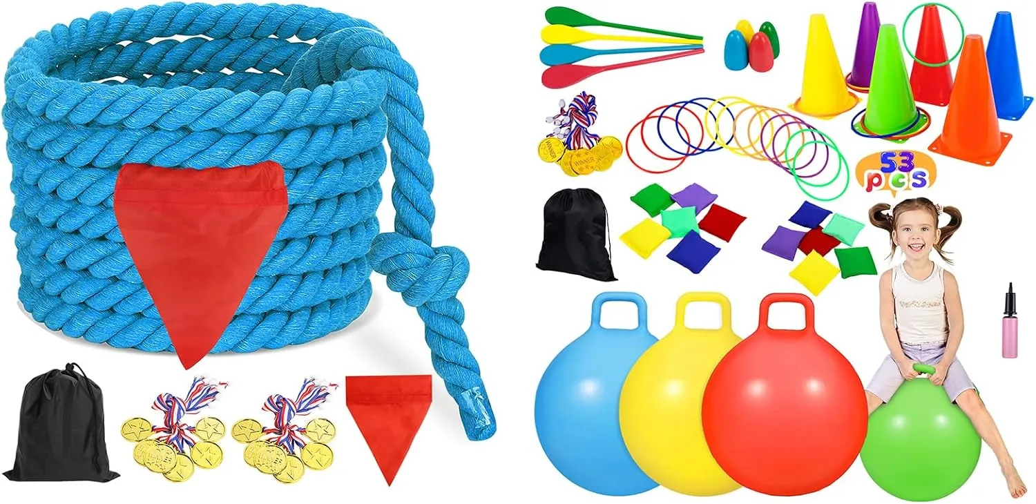 CWLAKON Carnival Outdoor Games Set, Tug of War Rope for Kids and Adults 60Ft Blue, Hopper Baler Balls for Kids, Soft Plastic Cones Bean Bags Ring Toss Game, Egg Spoon Relay Race, Field Day Family Reun