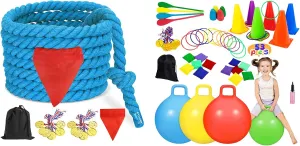 CWLAKON Carnival Outdoor Games Set, Tug of War Rope for Kids and Adults 60Ft Blue, Hopper Baler Balls for Kids, Soft Plastic Cones Bean Bags Ring Toss Game, Egg Spoon Relay Race, Field Day Family Reun