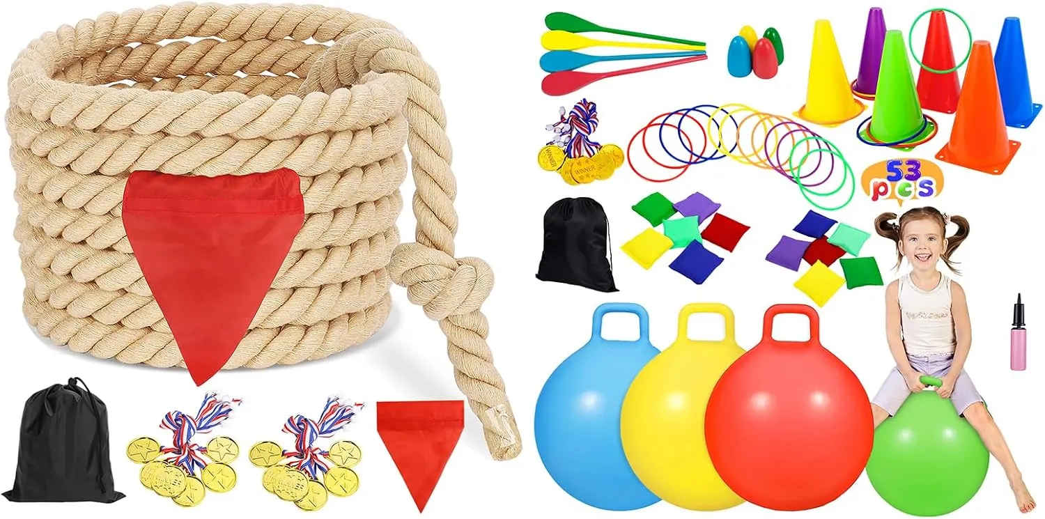 CWLAKON Outdoor Games Tug of War Rope 40Ft for Kids and Adults, Hopper Balls for Kids, Soft Plastic Cones Bean Bags Ring Toss, Egg Spoon Relay Race, Carnival Field Day 4th of July Game