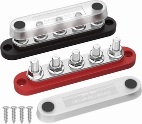 DAIERTEK Power Distribution Block with Cover Mini 5 x 1/4" Studs Bus Bar Terminal Block Max 150A 48V DC 300V AC Positive & Negative for Automotive Car Marine
