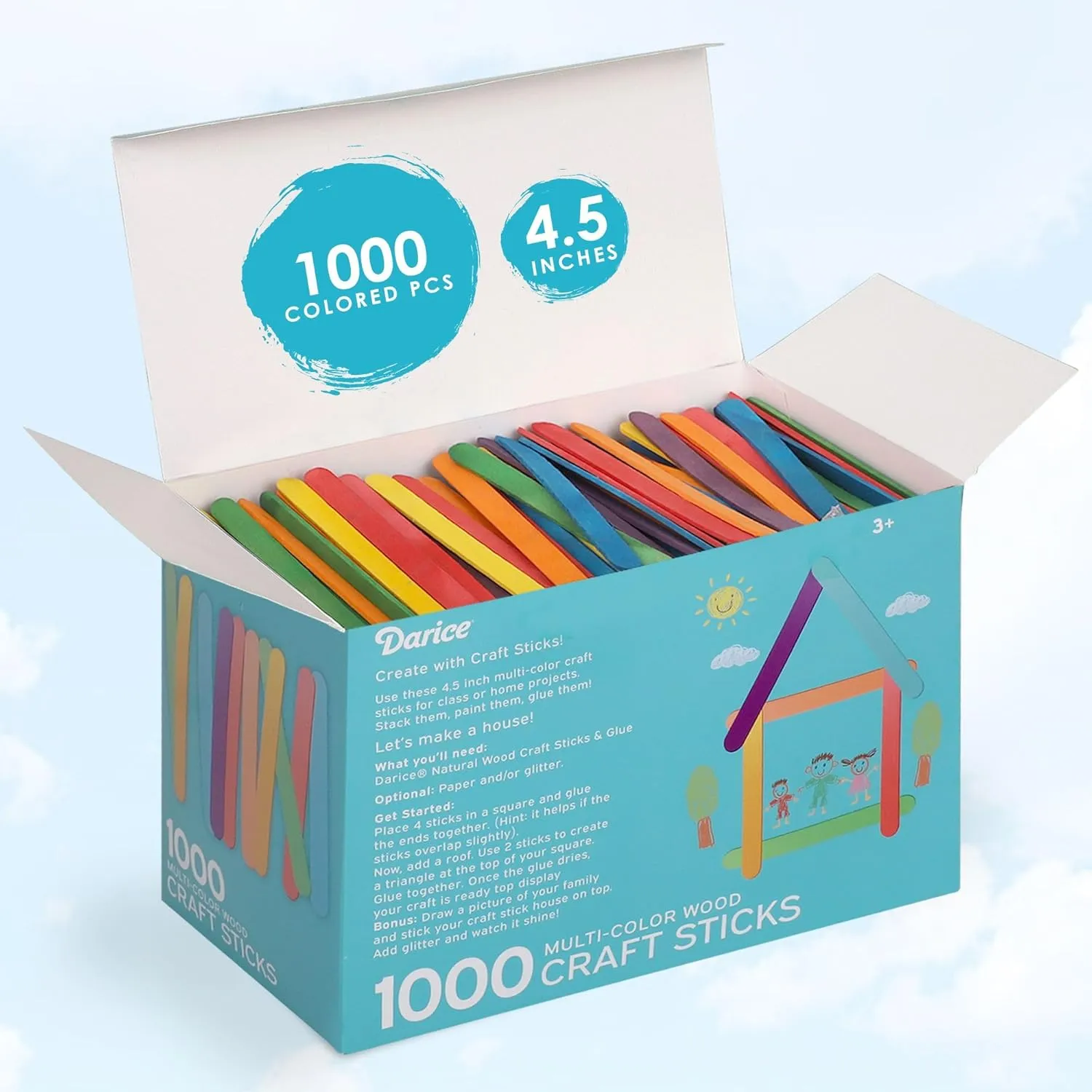 Darice 1000 Pcs Colored Popsicle Sticks for Crafts, 4.5" Colorful Wooden Rainbow Craft Sticks Supplies, STEM DIY Art, Ages 3 