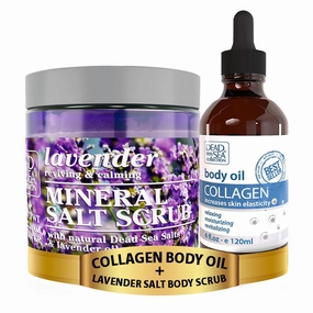 Dead Sea Collection Body Oil with Collagen (4 fl.oz) and Lavender Salt Body Scrub (23.28 oz) with Organic Oils and Natural Dead Sea Minerals - Bundle