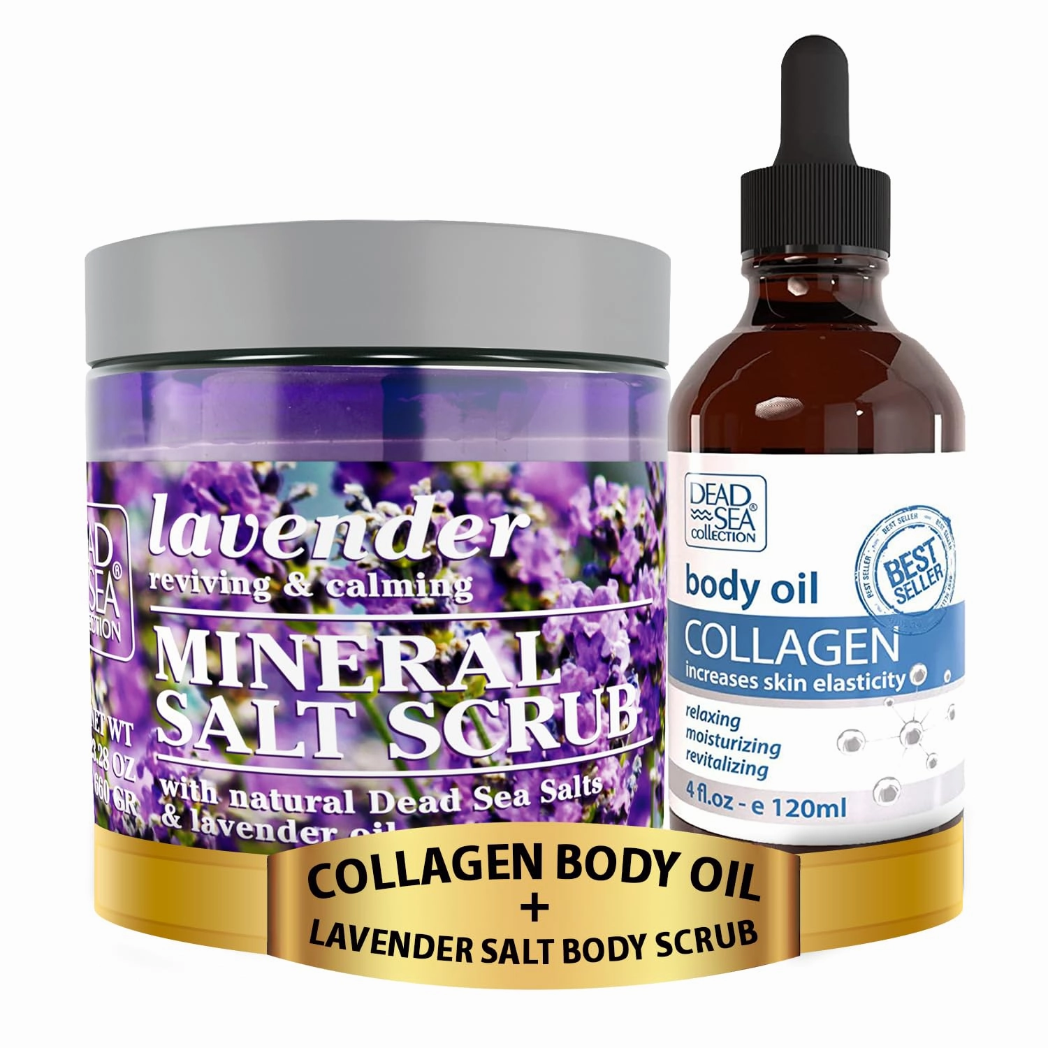Dead Sea Collection Body Oil with Collagen (4 fl.oz) and Lavender Salt Body Scrub (23.28 oz) with Organic Oils and Natural Dead Sea Minerals - Bundle