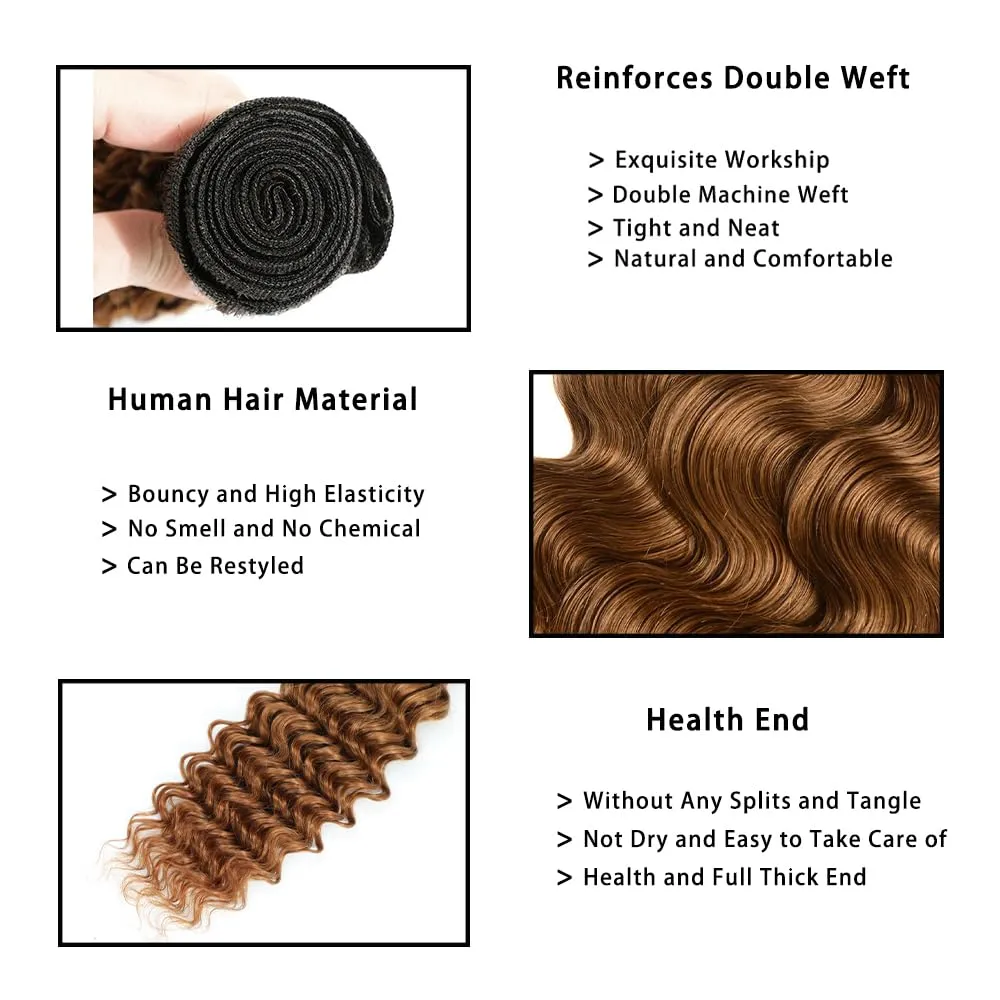 Deep Wave Human Hair Bundle Ombre Brown 100% Brazilian Virgin Human Hair Bundle Curly Weave Hair Extension One Bundle 95g/PCS