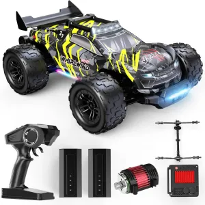 DEERC 1:14 Brushless RC Cars for Adults Fast 43 MPH, 4WD Off-Road RC Trucks with 7-Color LED Lights, Metal Shocks, All-Metal Drivetrain High Speed Remote Control Car, 2×7.4V Batteries, 3S Compatible