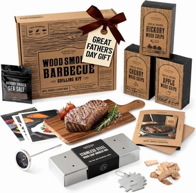 Deluxe BBQ Smoking Kit for Dad Who Love to BBQ - Stainless Steel Smoker with Hinged Lid, All Natural Wood Chips, Hickory Salt – Grilling Accessories