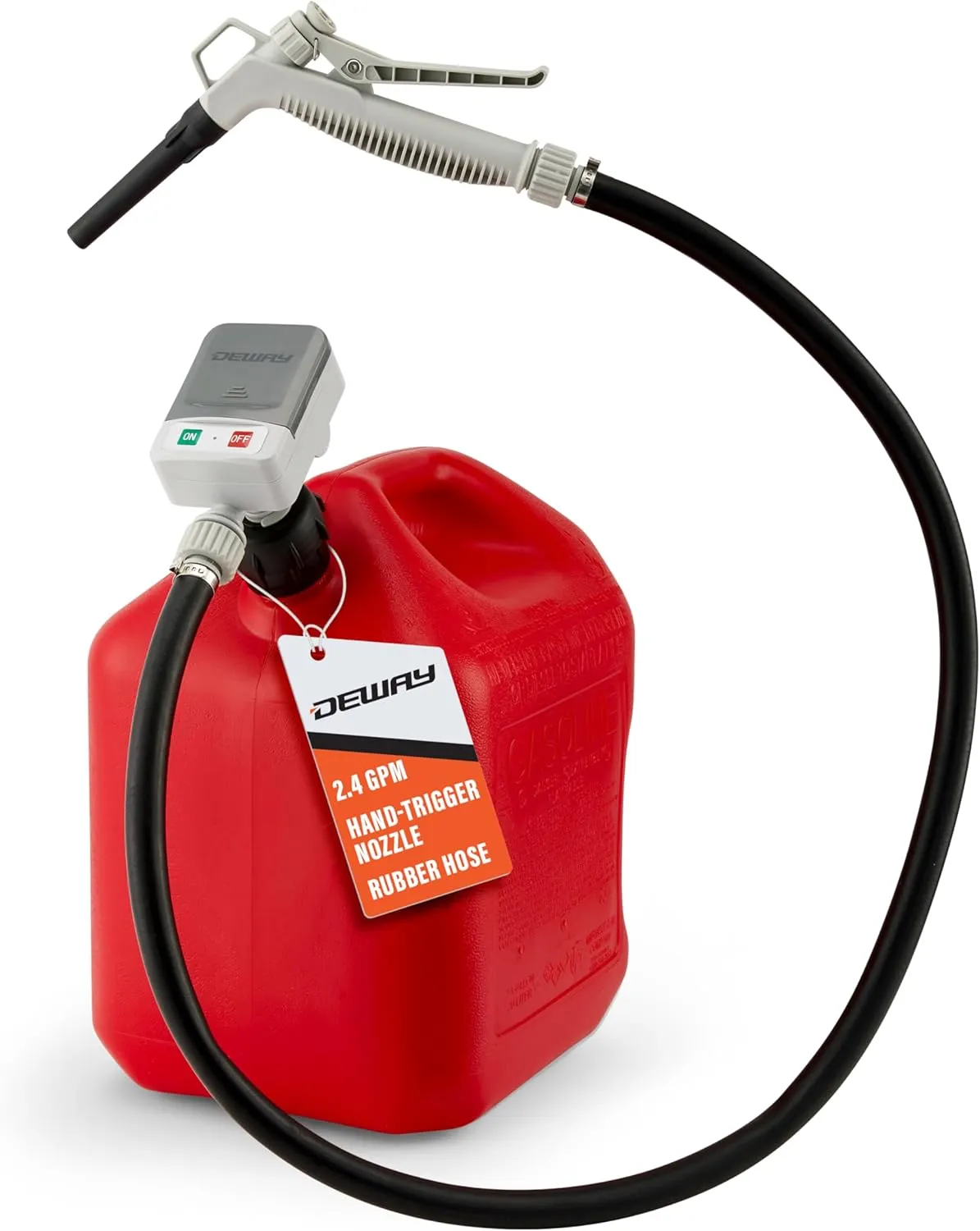DeWay Fuel Transfer Pump for Gas Can with Manual Hand Trigger Nozzle | Fast 2.4GPM Flow Rate, 51” Heavy Rubber Hose, 4 AA Battery Power & 3 Adapters for Gasoline, Kerosene, Diesel & Non-Potable Water