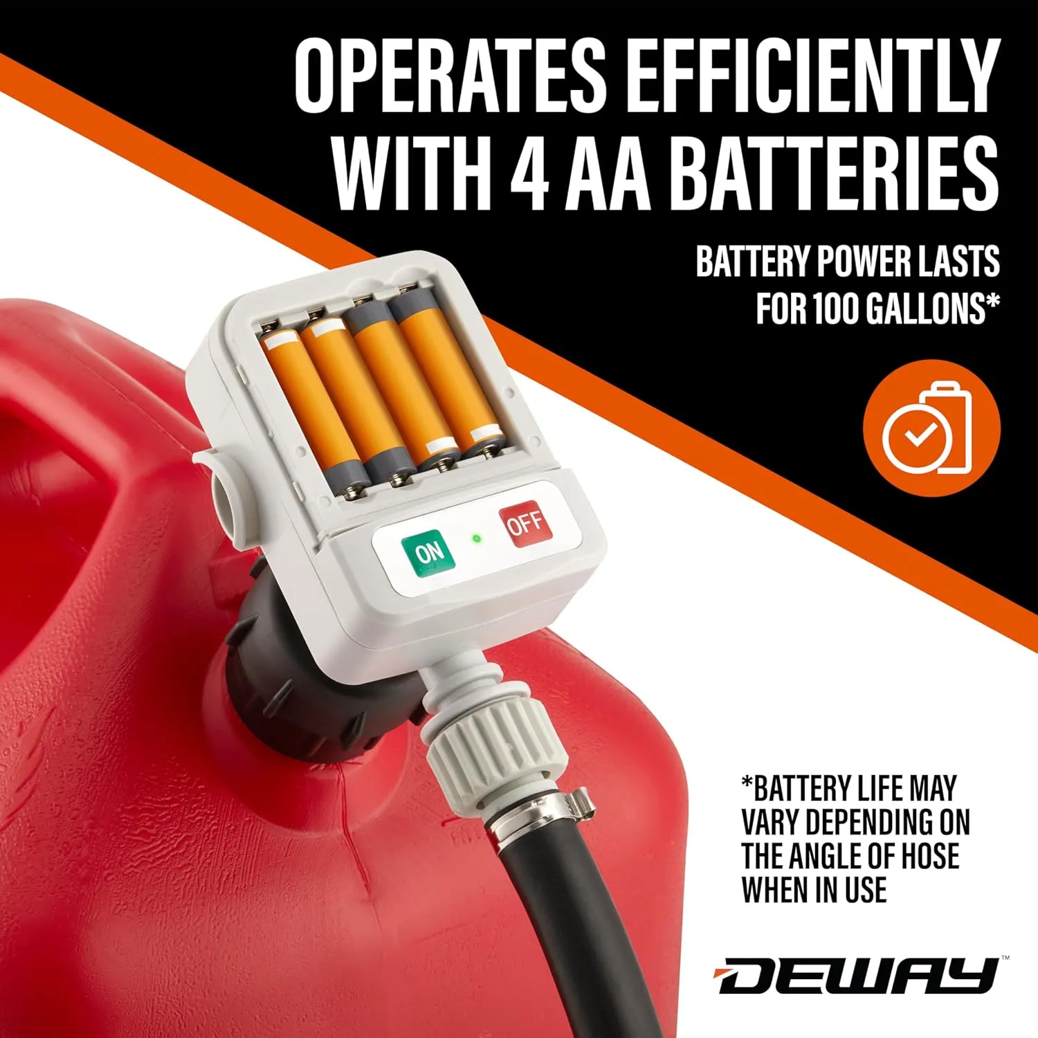 DeWay Fuel Transfer Pump for Gas Can with Manual Hand Trigger Nozzle | Fast 2.4GPM Flow Rate, 51” Heavy Rubber Hose, 4 AA Battery Power & 3 Adapters for Gasoline, Kerosene, Diesel & Non-Potable Water