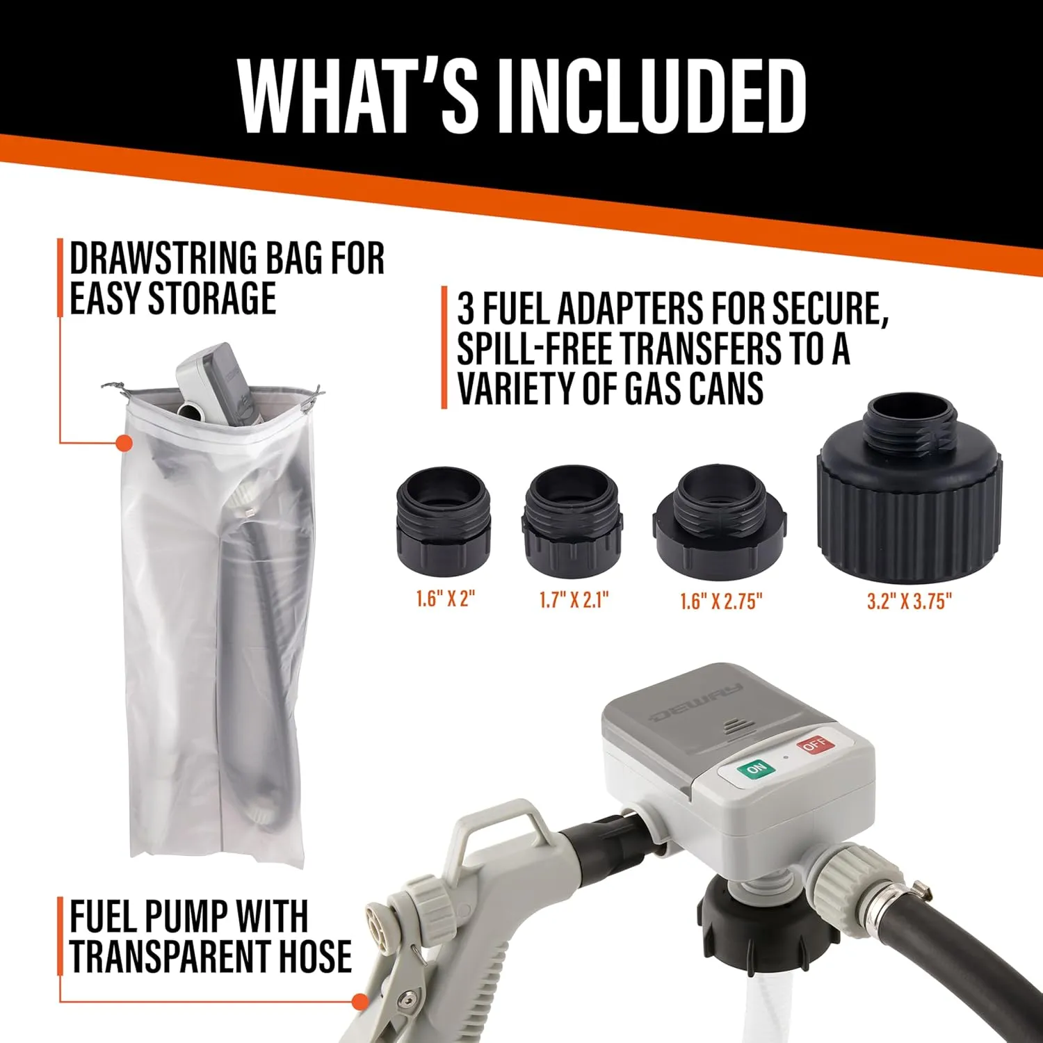 DeWay Fuel Transfer Pump for Gas Can with Manual Hand Trigger Nozzle | Fast 2.4GPM Flow Rate, 51” Heavy Rubber Hose, 4 AA Battery Power & 3 Adapters for Gasoline, Kerosene, Diesel & Non-Potable Water