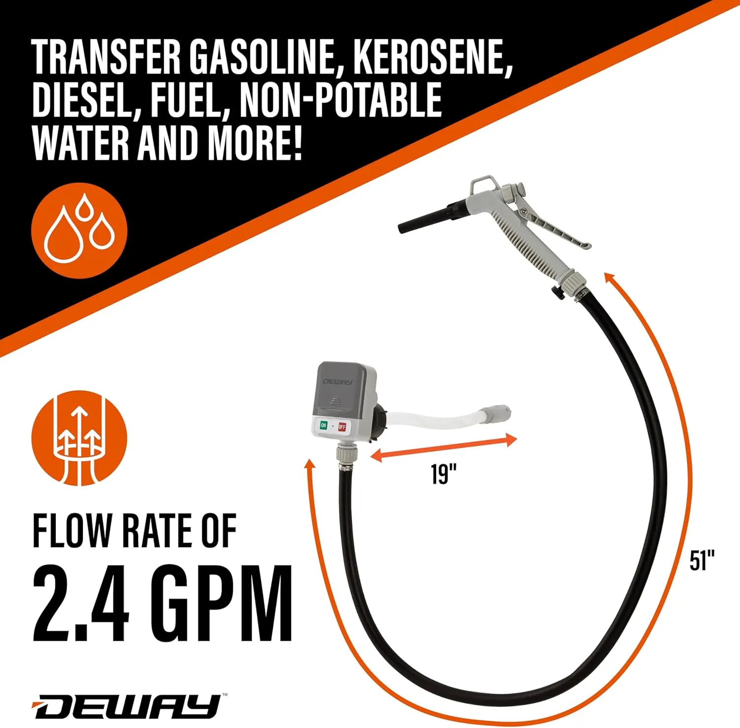 DeWay Fuel Transfer Pump for Gas Can with Manual Hand Trigger Nozzle | Fast 2.4GPM Flow Rate, 51” Heavy Rubber Hose, 4 AA Battery Power & 3 Adapters for Gasoline, Kerosene, Diesel & Non-Potable Water
