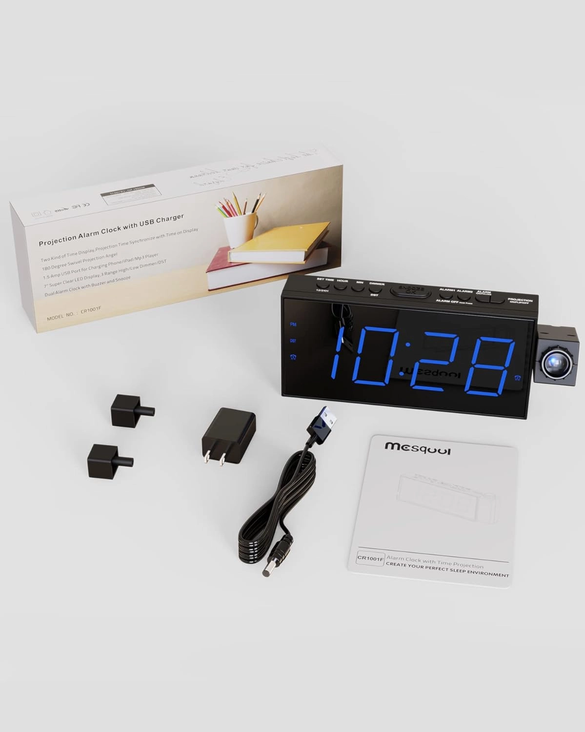 Digital Projection Alarm Clocks for Bedrooms - Large LED Display, 180° Rotatable Projector, 5-Level Dimmer,USB Charger,Battery Backup,Loud Dual Alarms for Kids Elderly,Heavy Sleepers,Snooze,12/24H,DST