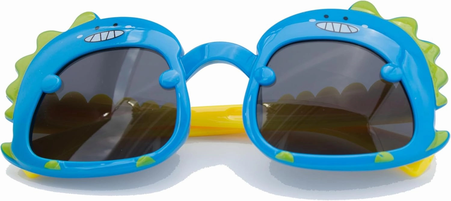 Dinosaur Cartoon Sunglasses for Kids Aged 2-6, Blue Yellow and dark Lenses,UV Protection Secure Fit for Outdoor