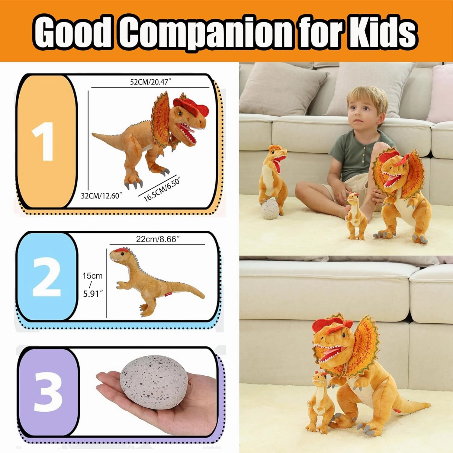 Dinosaur Stuffed Animal Family Set - 20.5" Dilophosaurus Father with Baby Dinosaur Egg Plush Toys, Soft Stuffed Dinosaurs for Boys 3-5 Kids Birthday Gift