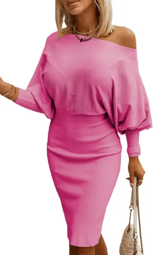 Dokotoo Women's Elegant Off Shoulder Long Lantern Sleeve Sweater Dress Elastic Waist Bodycon Mini Dresses