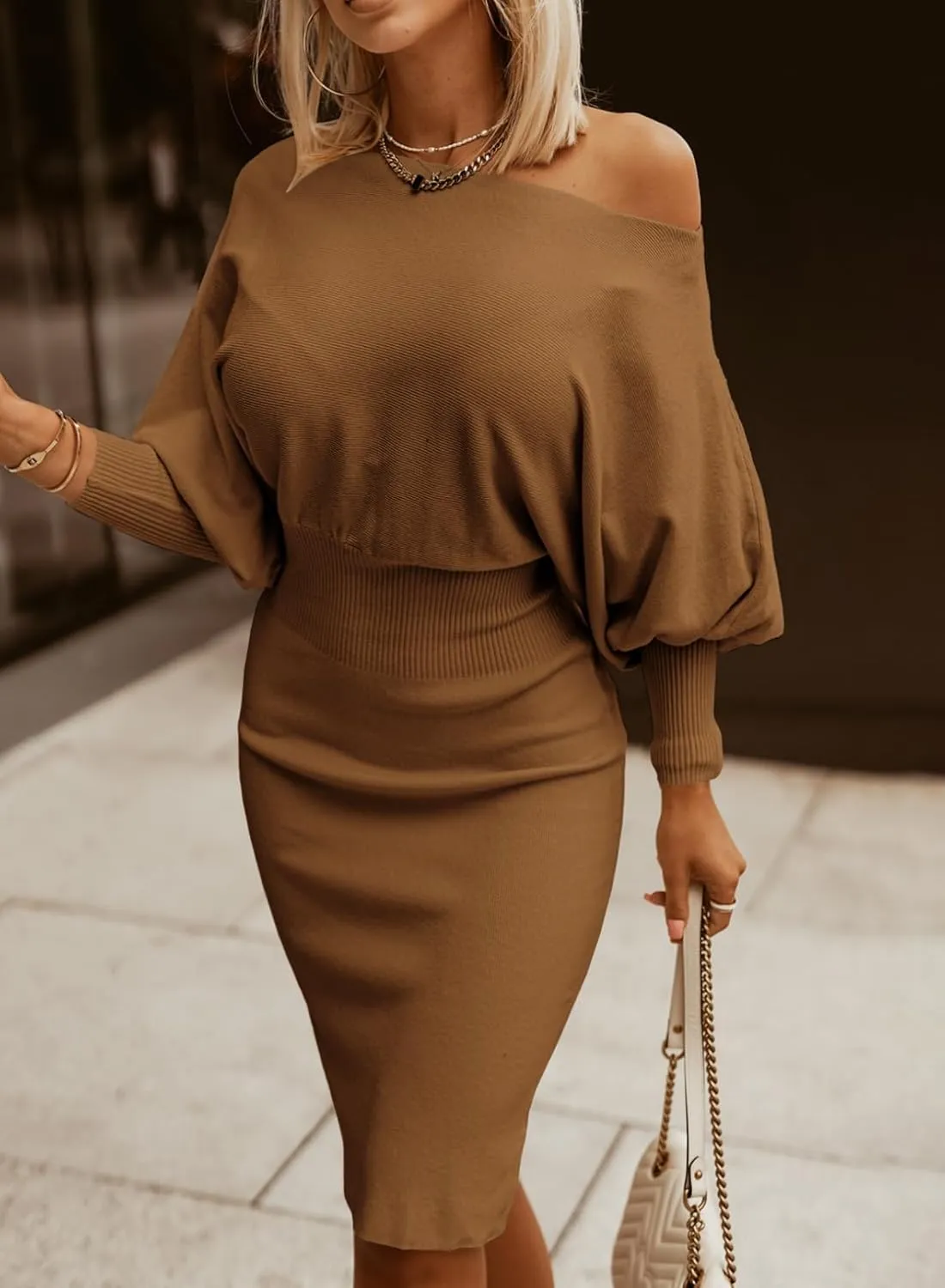 Dokotoo Women's Elegant Off Shoulder Long Lantern Sleeve Sweater Dress Elastic Waist Bodycon Mini Dresses