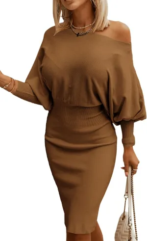 Dokotoo Women's Elegant Off Shoulder Long Lantern Sleeve Sweater Dress Elastic Waist Bodycon Mini Dresses