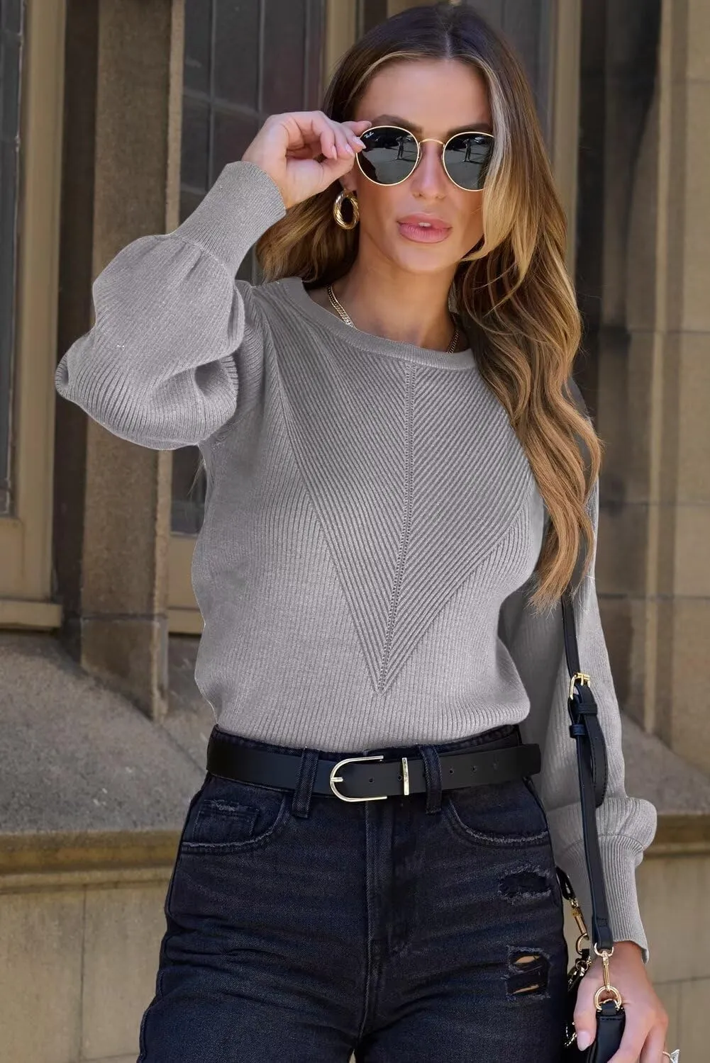 Dokotoo Womens Ribbed Knit Long Lantern Sleeves Sweater Crewneck Casual Slim Fit Pullover Jumper Tops
