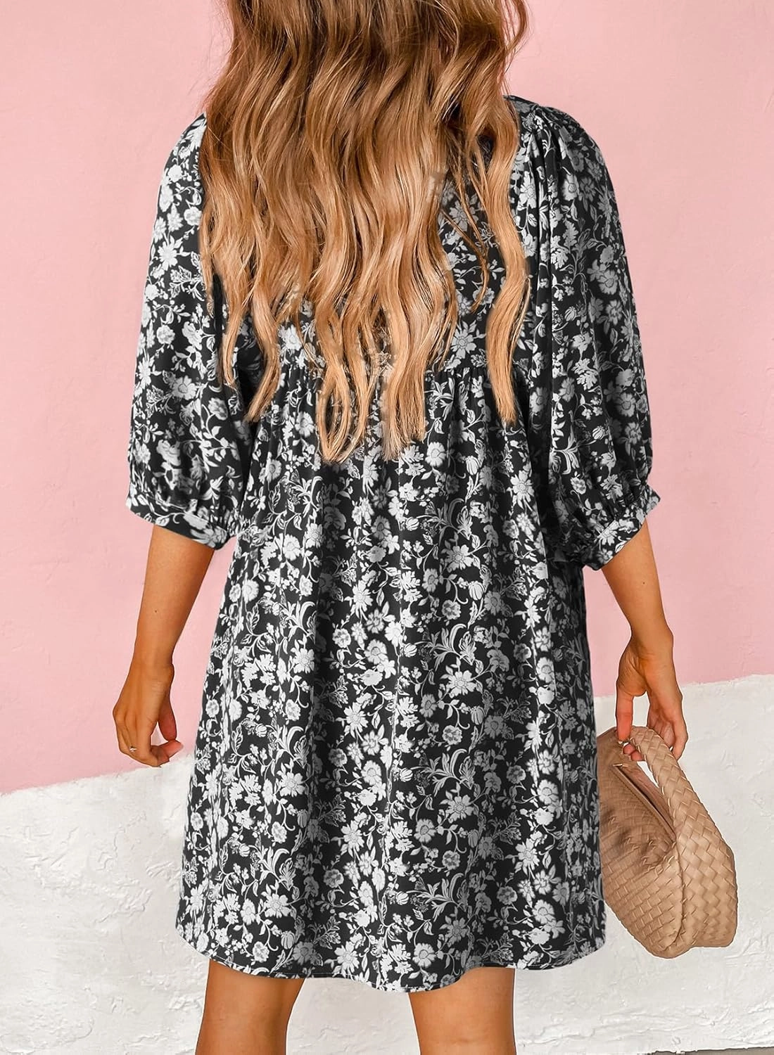 Dokotoo Womens Summer Dresses 2025 Boho Floral Drawstring V Neck Chiffon Lantern Sleeve Beach Vacation Mini Dress Sundress