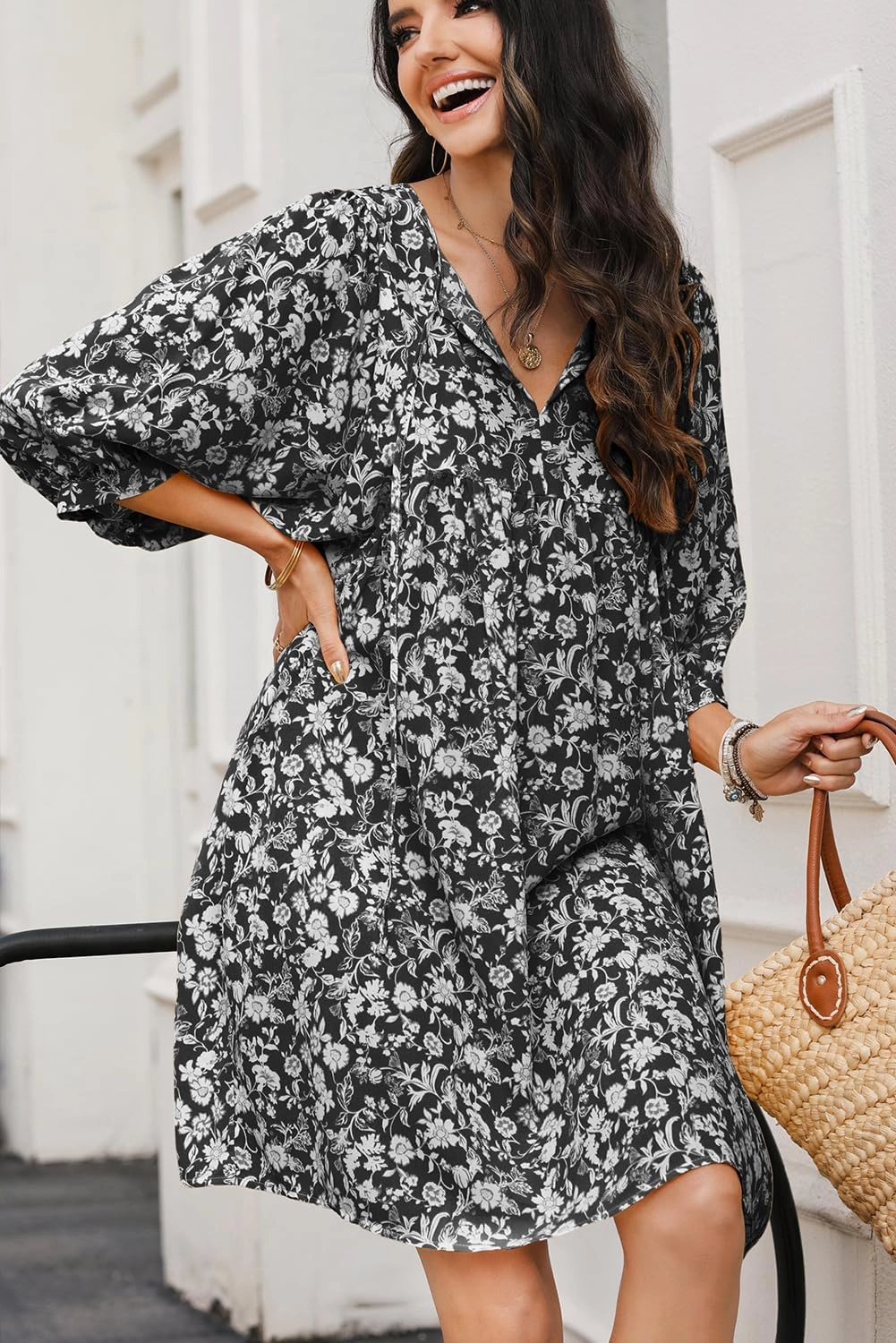 Dokotoo Womens Summer Dresses 2025 Boho Floral Drawstring V Neck Chiffon Lantern Sleeve Beach Vacation Mini Dress Sundress