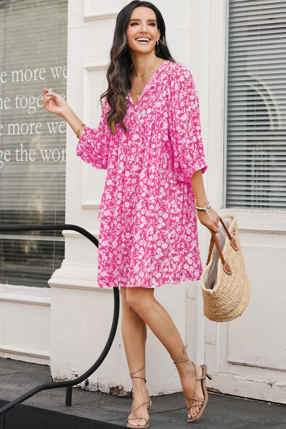 Dokotoo Womens Summer Dresses 2025 Boho Floral Drawstring V Neck Chiffon Lantern Sleeve Beach Vacation Mini Dress Sundress