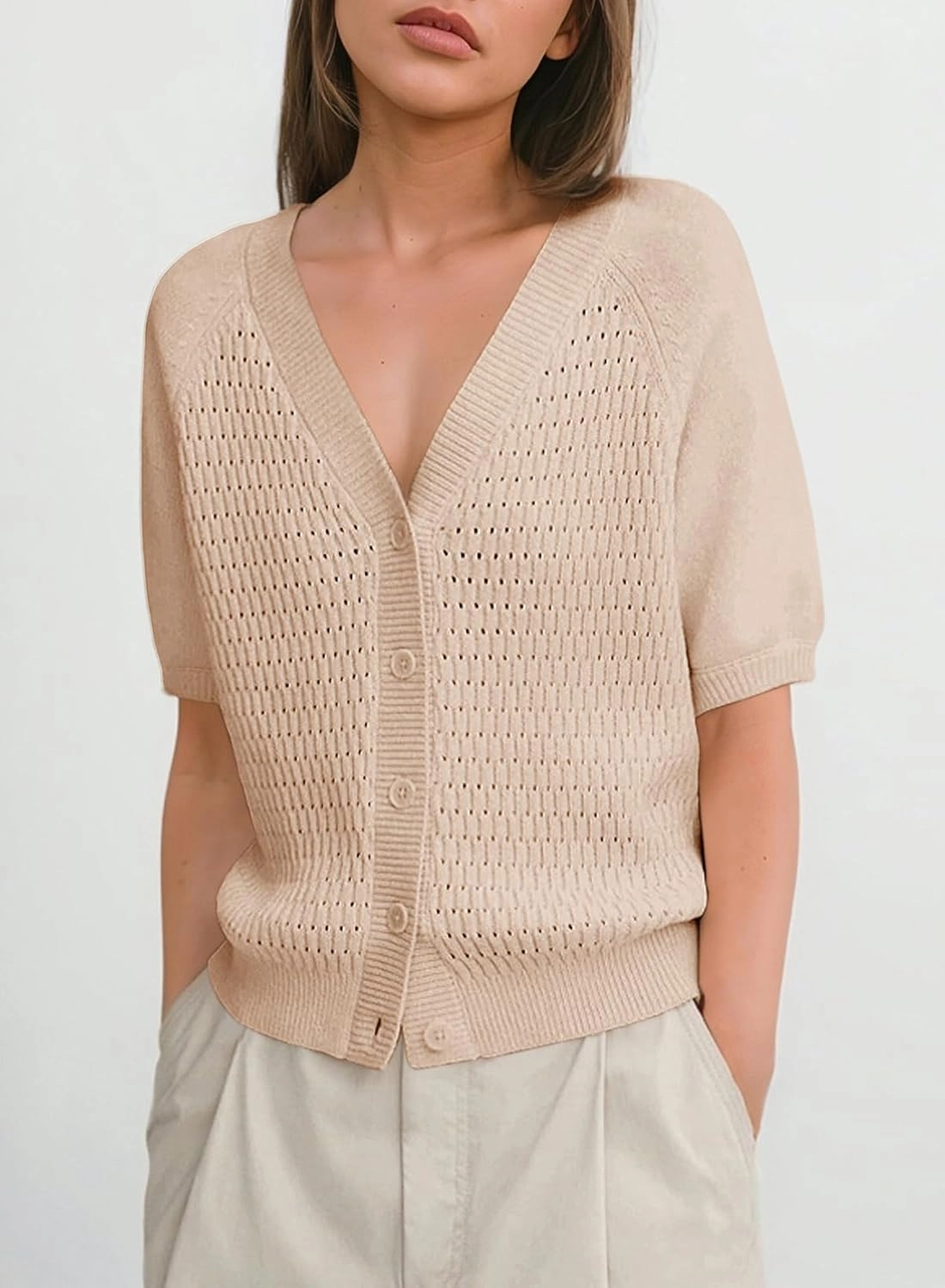 Dokotoo Womens Summer Tops 2024 Trendy V Neck Hollow Out Cropped Button Down Shirts Puff Sleeves Blouses