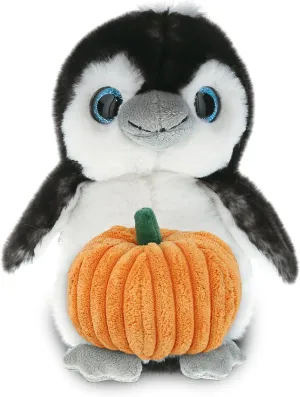 DolliBu Halloween Stuffed Animal Grey Penguin Plush with Pumpkin - Sparkling Big Eye Penguin Stuffed Animal with Small Pumpkin Plush Perfect Halloween Plush Toys for Baby, Kids, Adults - 9 Inches