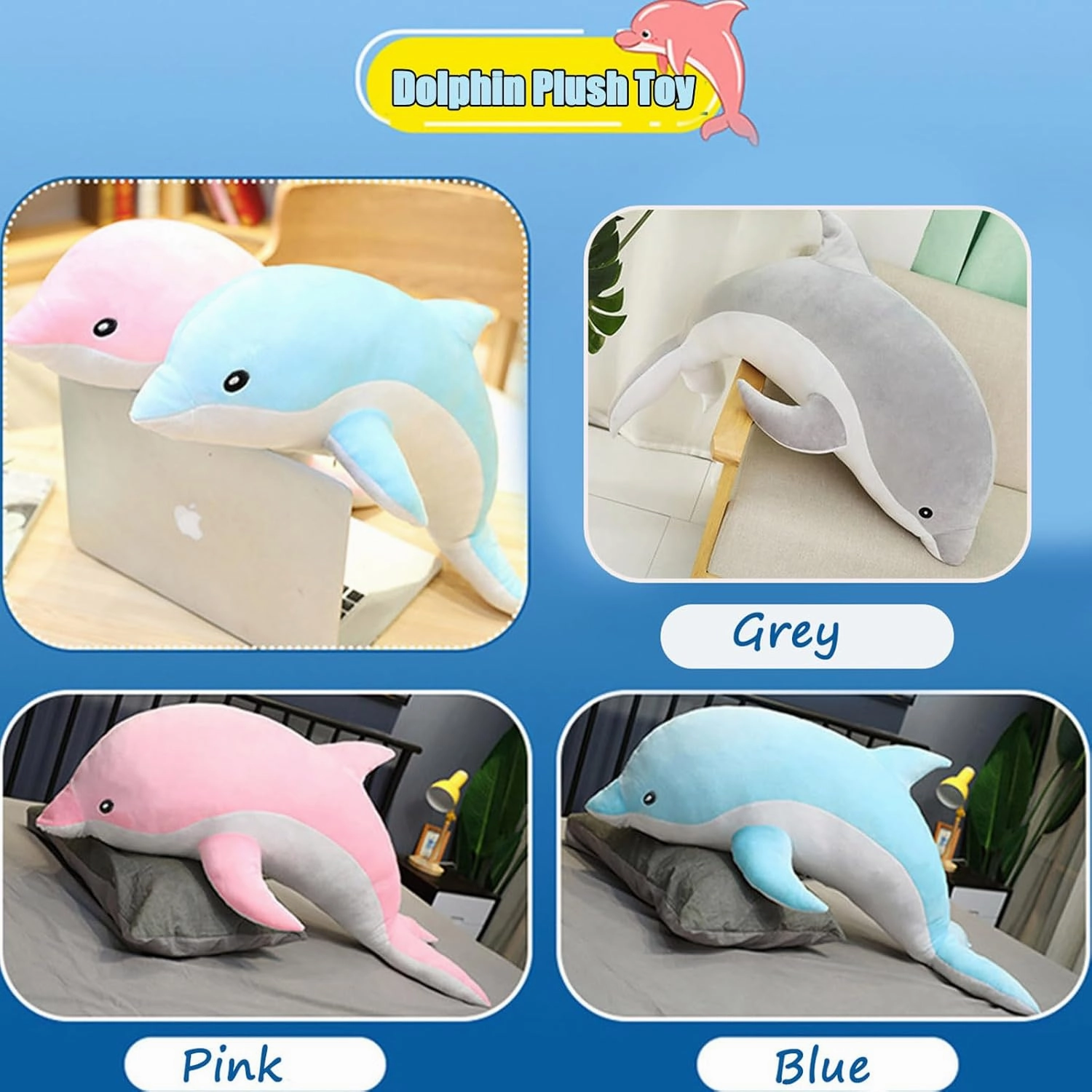 Dolphin Stuffed Animals Plush Pillow Super Soft Sea Animal Plush Toys Dolls for Boys Girls Sleeping Cushion Gift (120cm/47.24in, Blue)