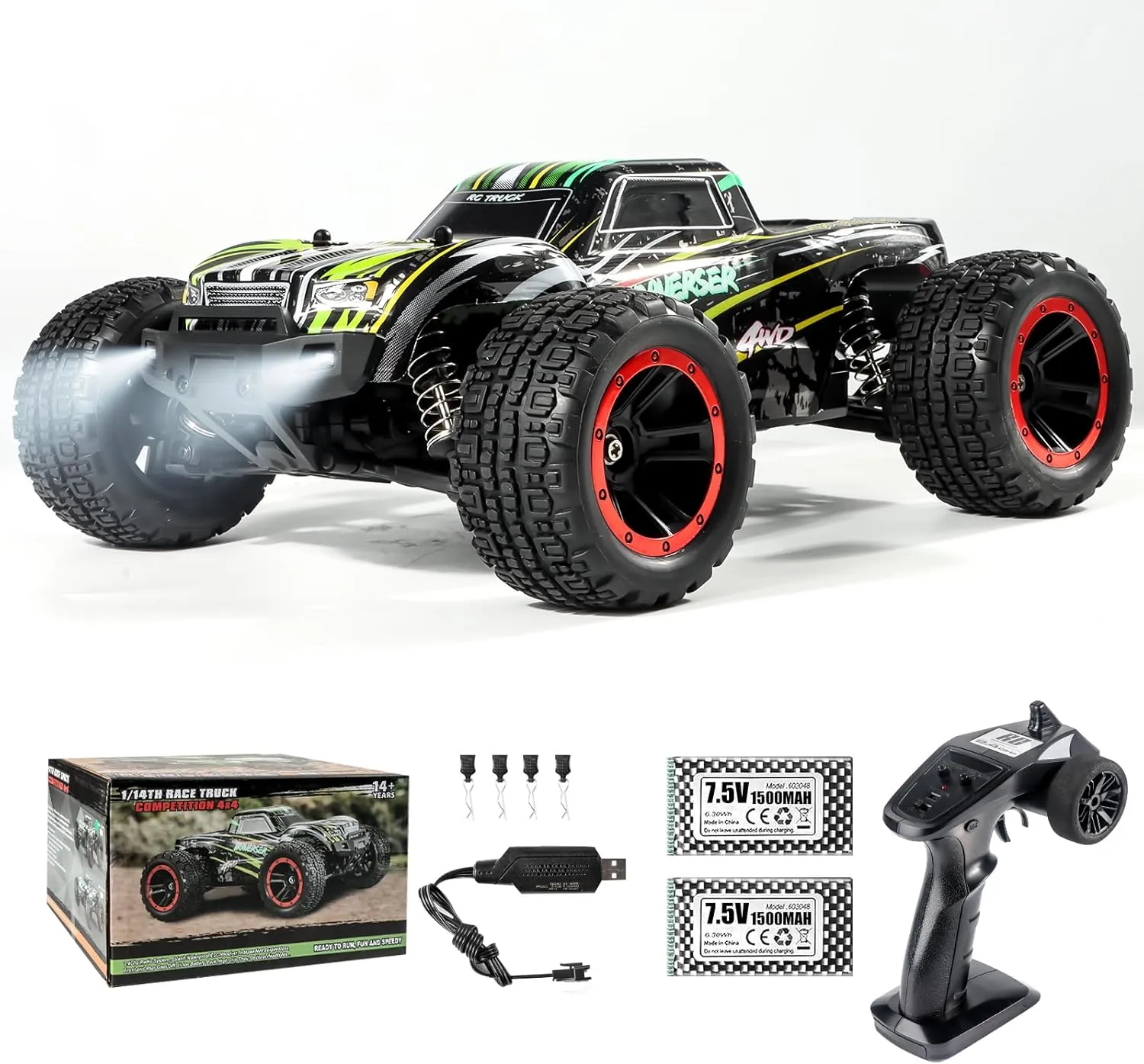 Double Delight Remote Control Car, 1:14 Scale RC Truck 38  KM/H Speed, 2.4G All-Terrain Off-Road Truck Toy Gifts for Boys and Adults with 2 Rechargeable Batteries Provide 40  Min Playtime (Green)