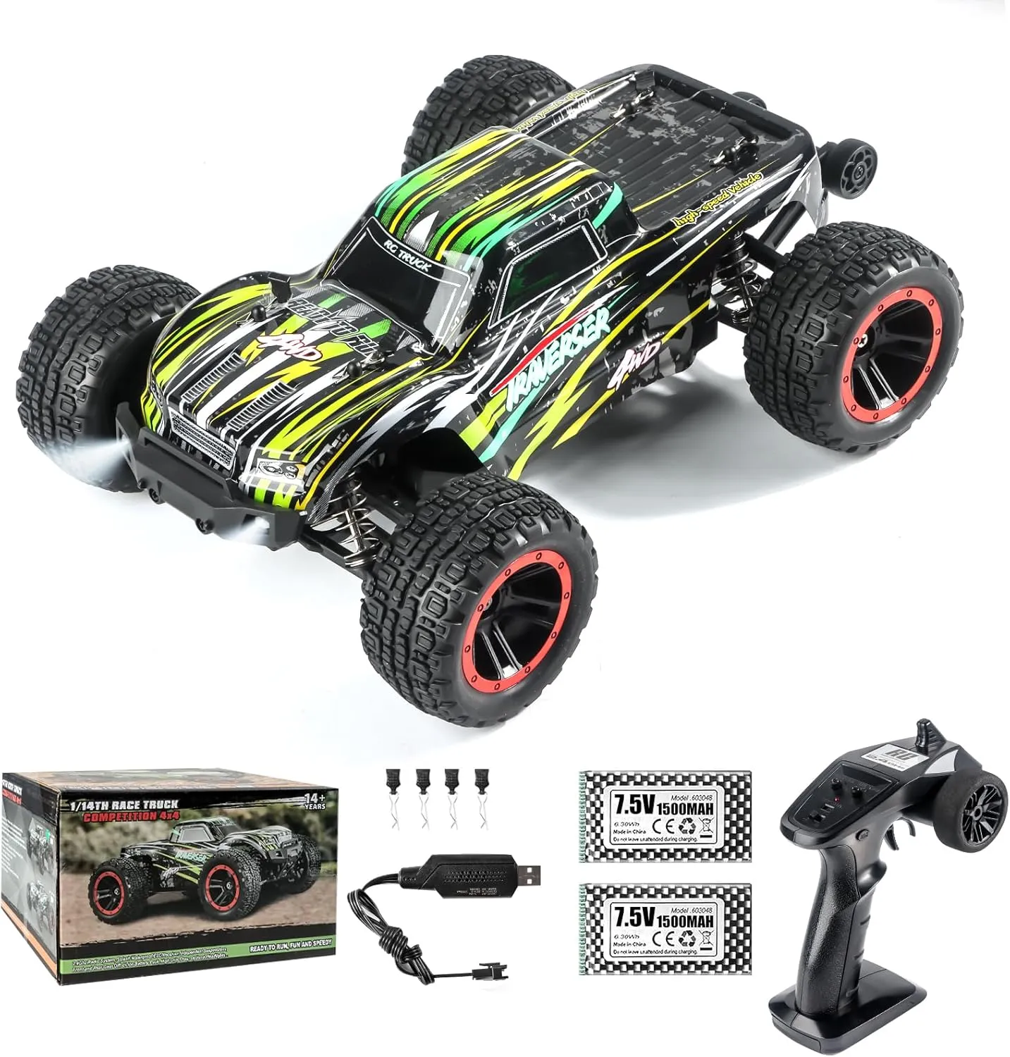 Double Delight Remote Control Car, 1:14 Scale RC Truck 38  KM/H Speed, 2.4G All-Terrain Off-Road Truck Toy Gifts for Boys and Adults with 2 Rechargeable Batteries Provide 40  Min Playtime (Green)