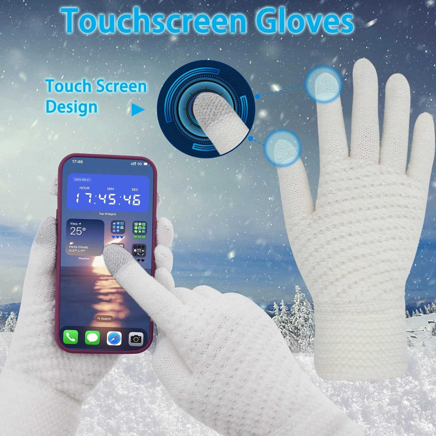 Double Couple 3pcs Winter Beanie Hat Scarf and Touch Screen Gloves Set for Women Knit Hat with Faux Fur Ball Scarves Glove