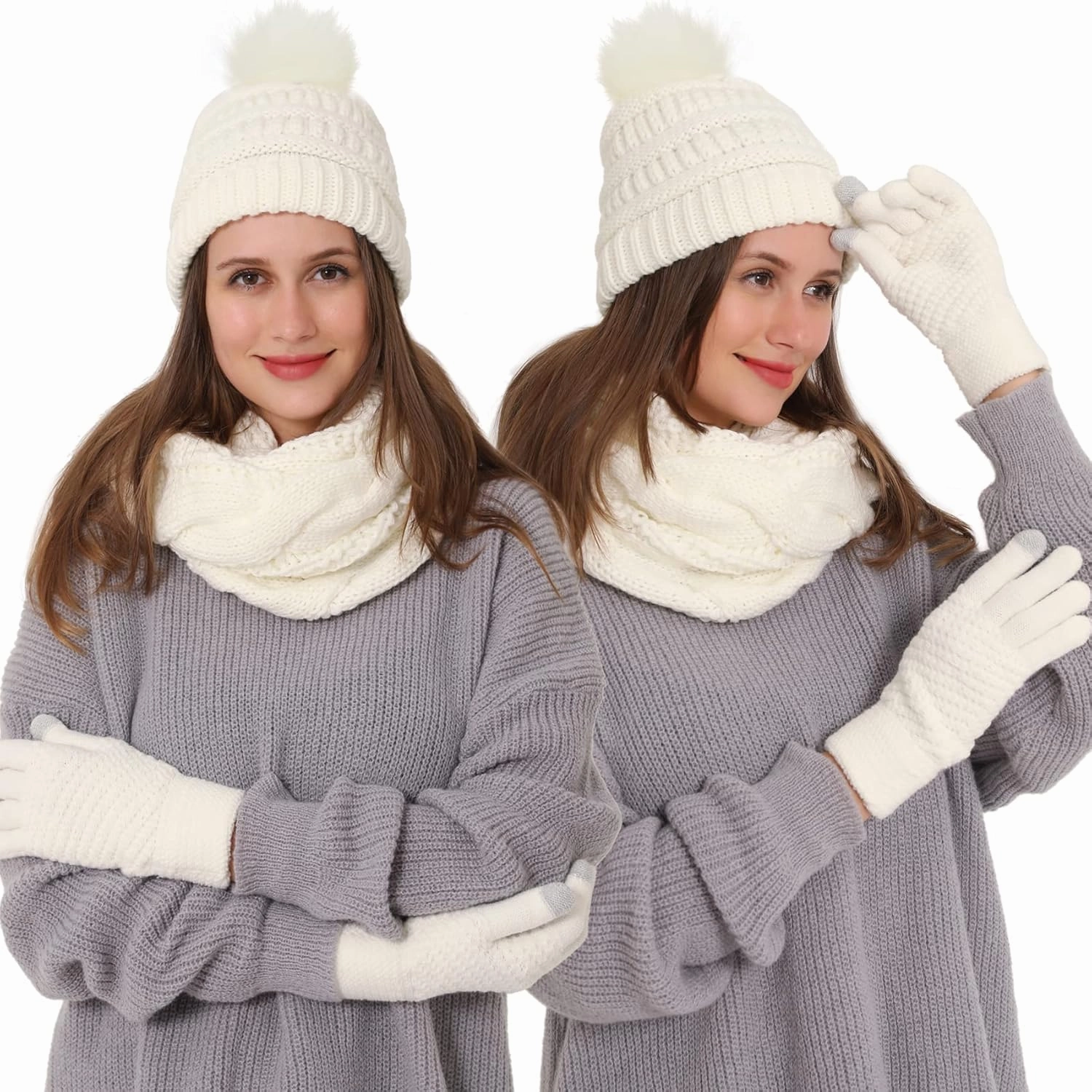 Double Couple 3pcs Winter Beanie Hat Scarf and Touch Screen Gloves Set for Women Knit Hat with Faux Fur Ball Scarves Glove