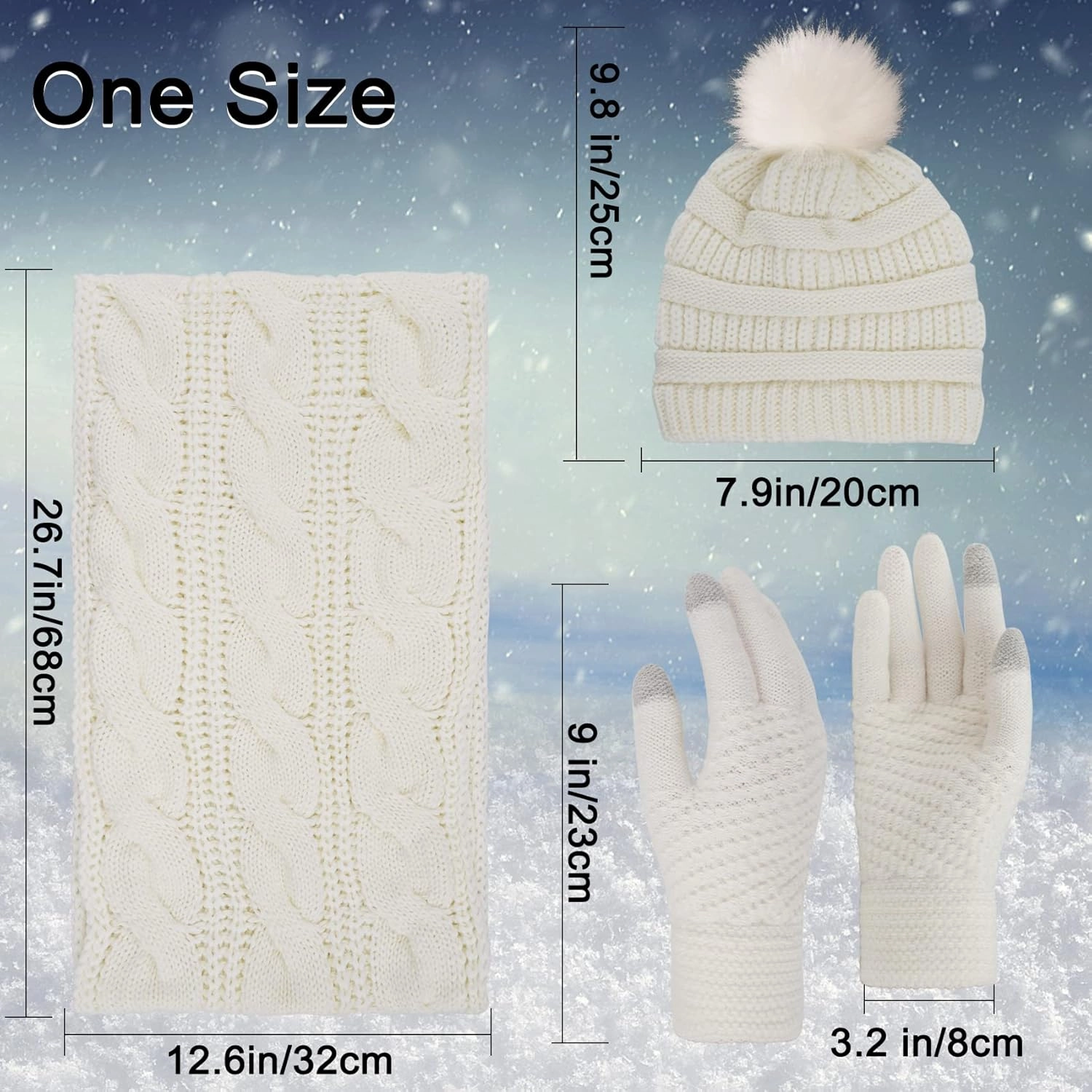 Double Couple 3pcs Winter Beanie Hat Scarf and Touch Screen Gloves Set for Women Knit Hat with Faux Fur Ball Scarves Glove