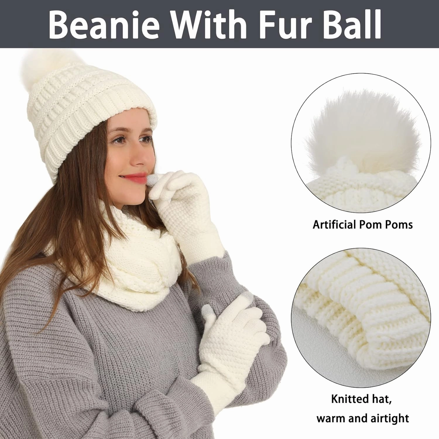 Double Couple 3pcs Winter Beanie Hat Scarf and Touch Screen Gloves Set for Women Knit Hat with Faux Fur Ball Scarves Glove