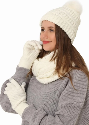 Double Couple 3pcs Winter Beanie Hat Scarf and Touch Screen Gloves Set for Women Knit Hat with Faux Fur Ball Scarves Glove