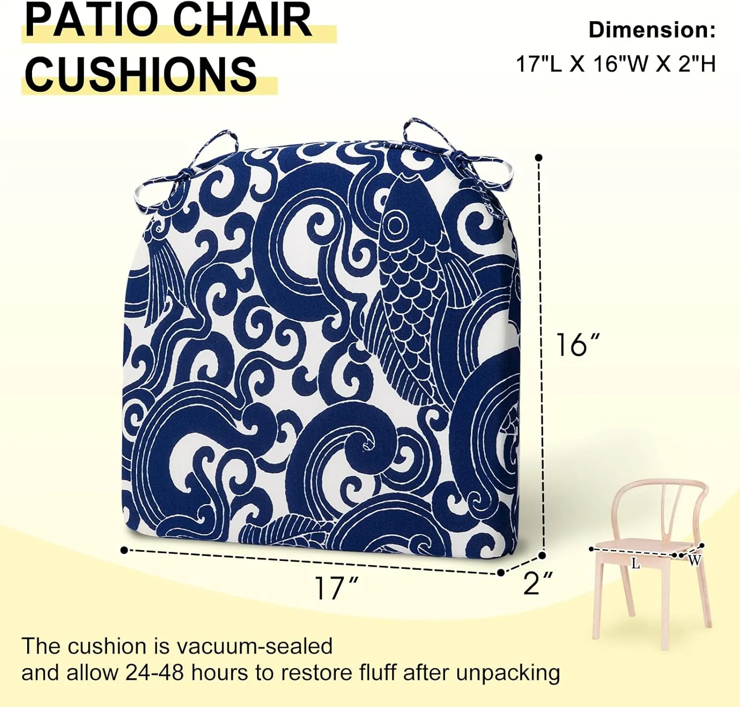 downluxe Outdoor Chair Cushions Set of 4 for Patio Furniture, Water-Resistant Patio Chair Cushions with Ties, High Density Foam Outdoor Seat Cushion, 17" X 16" X 2", Blue Carp