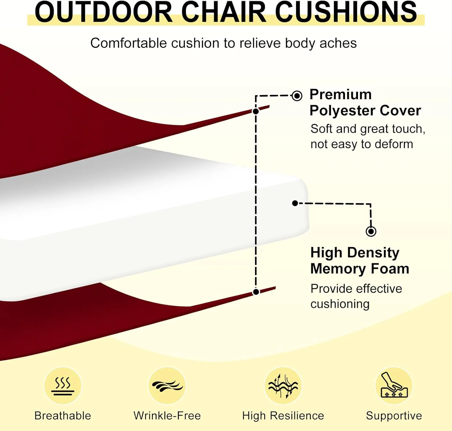downluxe Outdoor Chair Cushions Set of 4 for Patio Furniture, Water-Resistant Patio Chair Cushions with Ties, High Density Foam Outdoor Seat Cushion, 17" X 16" X 2", Burgundy