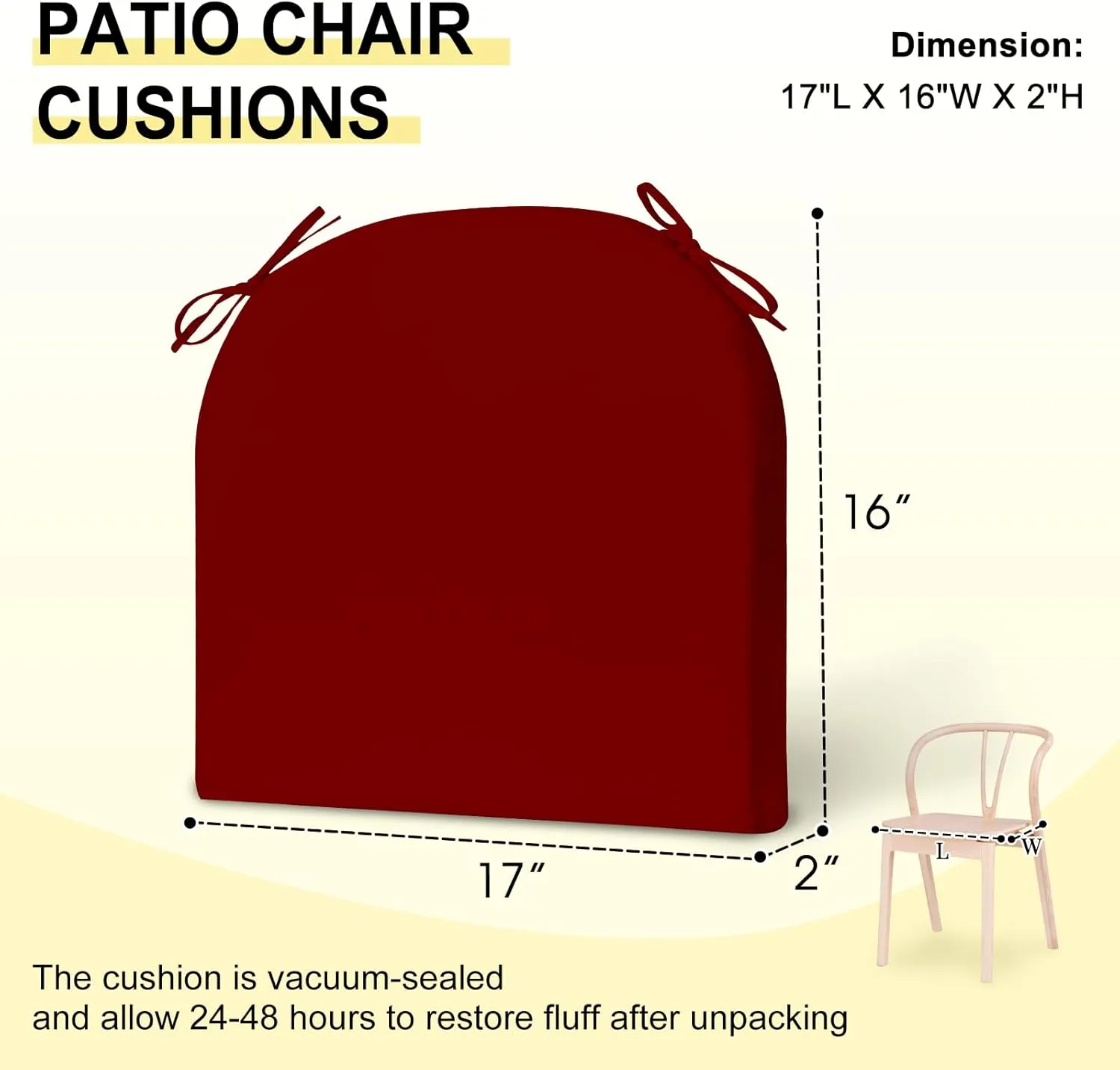downluxe Outdoor Chair Cushions Set of 4 for Patio Furniture, Water-Resistant Patio Chair Cushions with Ties, High Density Foam Outdoor Seat Cushion, 17" X 16" X 2", Burgundy